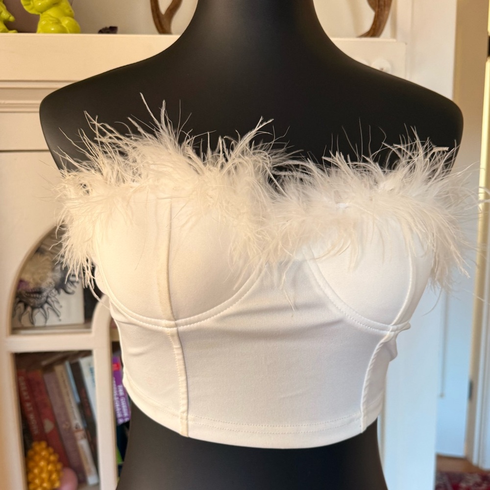 White Feather Trim Bustier Top